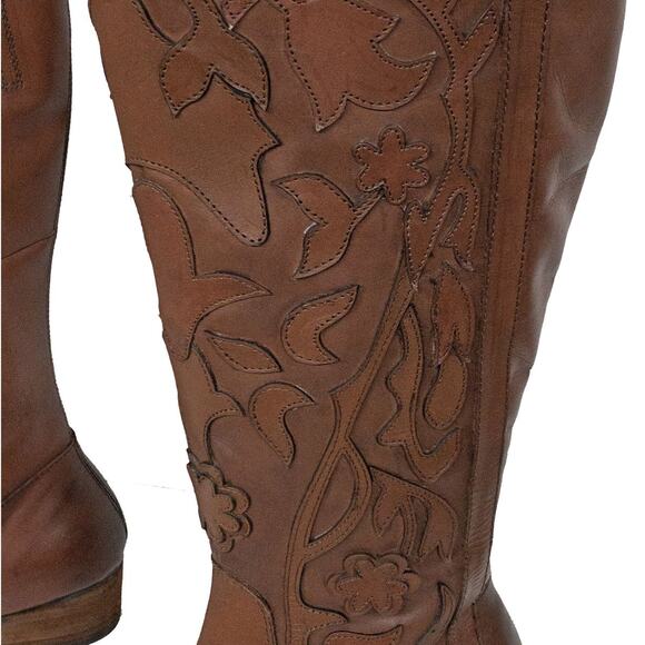Roan Ellia Tan Brown Floral Top Stiched Tall Leather Western Cowboy Boots 7.5 - Picture 2 of 10